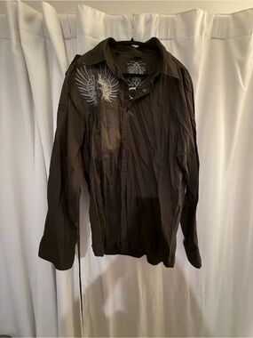 Roar Men's Dark Brown Button-Down Shirt with Embroidered Wing Accent